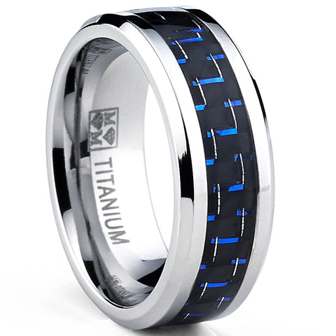Men's Titanium Ring Wedding Engagement Band with Black and Blue Carbon Fiber Inlay, 8mm