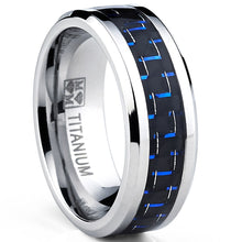 Men's Titanium Ring Wedding Engagement Band with Black and Blue Carbon Fiber Inlay, 8mm