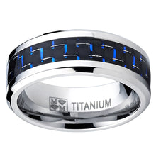 Men's Titanium Ring Wedding Engagement Band with Black and Blue Carbon Fiber Inlay, 8mm