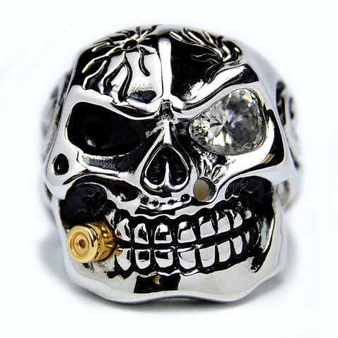 Men's Stainless Steel 1.5Ct Skull Biker Ring Cubic Zirconia Stone & Bullet