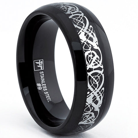 Dome Stainless Steel Black Men's Ring Band With Celtic Dragon Inlaid Design, 8mm Comfort Fit, Sizes 8 to 12