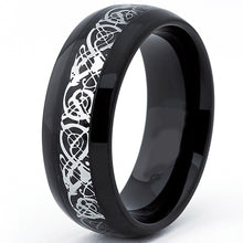 Dome Stainless Steel Black Men's Ring Band With Celtic Dragon Inlaid Design, 8mm Comfort Fit, Sizes 8 to 12