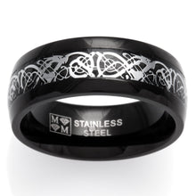 Dome Stainless Steel Black Men's Ring Band With Celtic Dragon Inlaid Design, 8mm Comfort Fit, Sizes 8 to 12