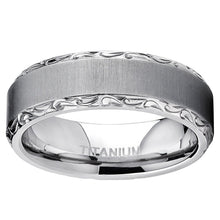Men's Horizontal Brushed Titanium Wedding Band Ring With Hand Engraved High Polish Edges, 7mm Comfort Fit
