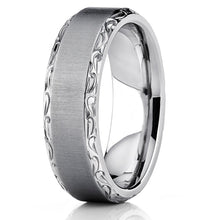 Men's Horizontal Brushed Titanium Wedding Band Ring With Hand Engraved High Polish Edges, 7mm Comfort Fit