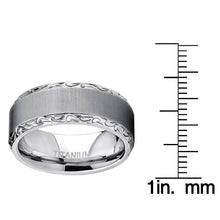 Men's Horizontal Brushed Titanium Wedding Band Ring With Hand Engraved High Polish Edges, 7mm Comfort Fit