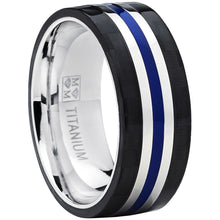 Men's 9MM Titanium Wedding Band Ring With Wide Black Carbon Fiber and Blue Resin Inlay Center, Comfort Fit