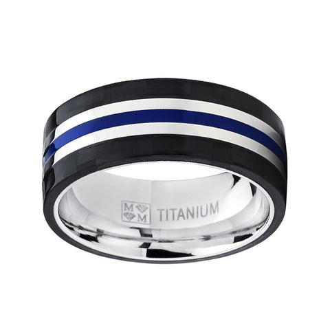 Men's 9MM Titanium Wedding Band Ring With Wide Black Carbon Fiber and Blue Resin Inlay Center, Comfort Fit