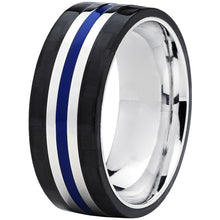 Men's 9MM Titanium Wedding Band Ring With Wide Black Carbon Fiber and Blue Resin Inlay Center, Comfort Fit