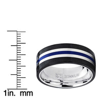 Men's 9MM Titanium Wedding Band Ring With Wide Black Carbon Fiber and Blue Resin Inlay Center, Comfort Fit
