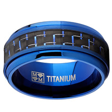Men's Blue Titanium Wedding Bands Ring With Black and Blue Carbon Fiber Inlay, 9MM Comfort Fit