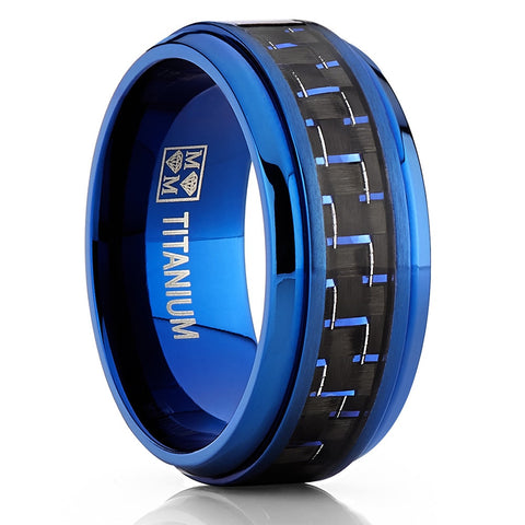 Men's Blue Titanium Wedding Bands Ring With Black and Blue Carbon Fiber Inlay, 9MM Comfort Fit