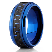 Men's Blue Titanium Wedding Bands Ring With Black and Blue Carbon Fiber Inlay, 9MM Comfort Fit