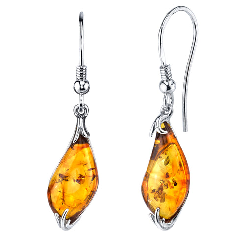 Sterling Silver Baltic Amber Drop Dangle Tear Drop Shape Earrings Cognac 1.50