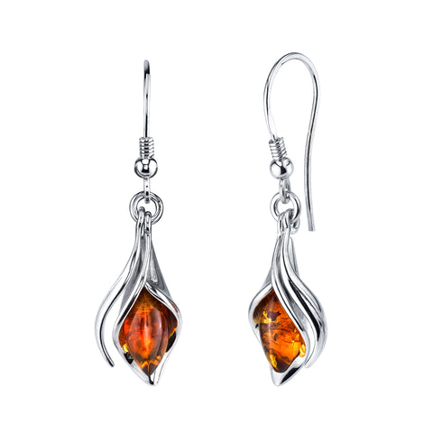 Sterling Silver Baltic Amber Drop Dangle Calla Lily Flower Earrings Cognac 1.5