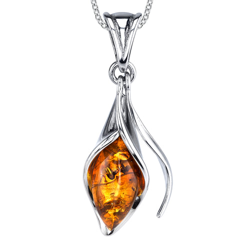 Baltic Amber Calla Lily Flower Sterling Silver Cognac Pendant Necklace 18