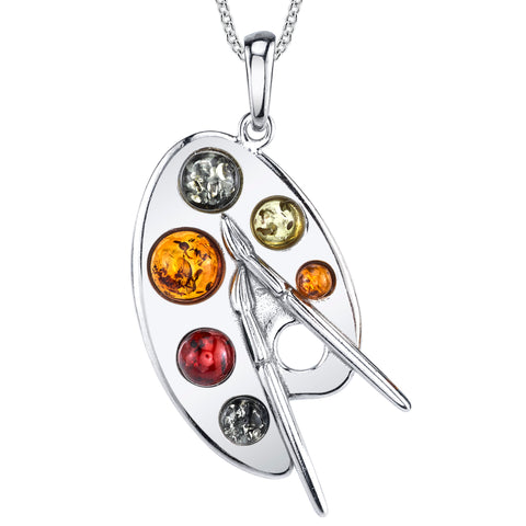 Baltic Amber Artist Painter Palette Sterling Silver Pendant Necklace 18