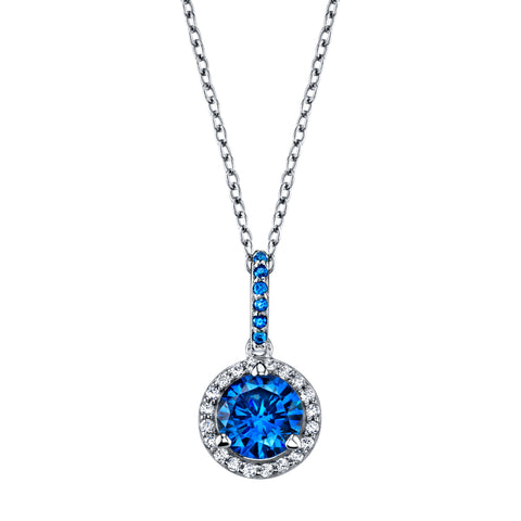 Sterling Silver 925 Round Blue Topaz Cubic Zirconia Pendant Necklace 18