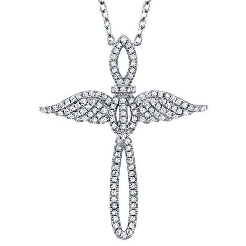 Sterling Silver 925 Angel Cross Charm Pendant Diamond Adjustable Necklace 16-18