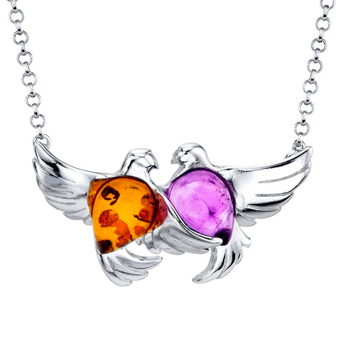 Amber Cabochon Free Birds Sterling Silver 925 Pendant Necklace 18