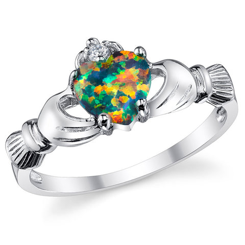 Womens Sterling Silver 925 Irish Claddagh Ring Rainbow Opal Heart