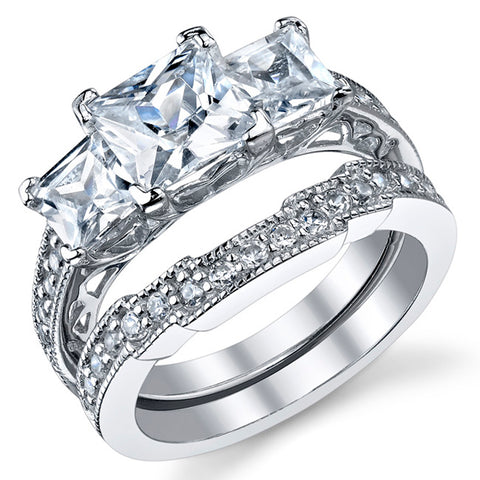 Women's 1.25 Carat Radiant Cubic Zirconia Past Present Future Sterling Silver 925 Wedding Engagement Ring Set