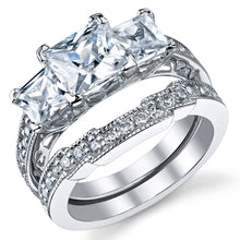 Women's 1.25 Carat Radiant Cubic Zirconia Past Present Future Sterling Silver 925 Wedding Engagement Ring Set