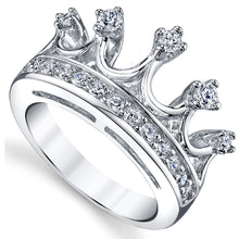 Women's 925 Sterling Silver Princess Crown Tiara Cubic Zirconia Ring Band