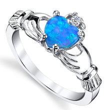 Women's Sterling Silver 925 Irish Claddagh Friendship Love Ring Blue Simulated Opal Heart