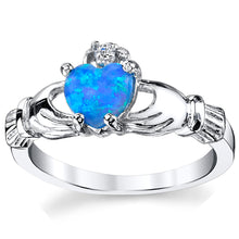 Women's Sterling Silver 925 Irish Claddagh Friendship Love Ring Blue Simulated Opal Heart