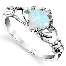 Women's Sterling Silver 925 Irish Claddagh Friendship Love Ring Light Blue Simulated Opal Heart