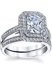 Women's 2 Carat Emerald Cut Sterling Silver Cubic Zirconia Wedding Ring Engagement Band Bridal Set
