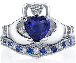 Sterling Silver 925 Irish Claddagh Friendship Love Engagement Wedding Ring Sets Simulated Sapphire Blue Heart CZ Cubic