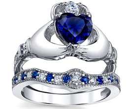 Sterling Silver 925 Irish Claddagh Friendship Love Engagement Wedding Ring Sets Simulated Sapphire Blue Heart CZ Cubic