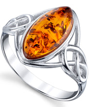 Women's Sterling Silver Baltic Amber Celtic Design Ring Cognac Marquise Shape Center Sizes 5-9
