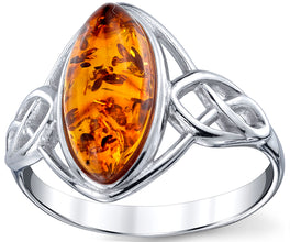 Women's Sterling Silver Baltic Amber Celtic Design Ring Cognac Marquise Shape Center Sizes 5-9