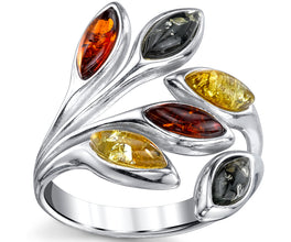 Women's Sterling Silver Baltic AmberLeaf Ring Cherry Honey Cognac Olive Colors 5-9