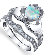 Women's Sterling Silver 925 Heart Shape Claddagh Engagement Ring Wedding Bridal Sets White Simulated Opal