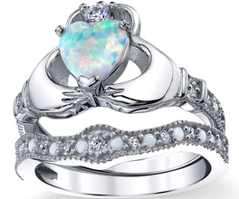 Women's Sterling Silver 925 Heart Shape Claddagh Engagement Ring Wedding Bridal Sets White Simulated Opal