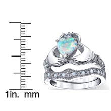 Women's Sterling Silver 925 Heart Shape Claddagh Engagement Ring Wedding Bridal Sets White Simulated Opal