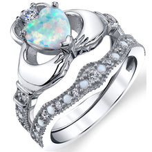 Women's Sterling Silver 925 Heart Shape Claddagh Engagement Ring Wedding Bridal Sets White Simulated Opal