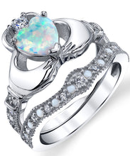 Women's Sterling Silver 925 Heart Shape Claddagh Engagement Ring Wedding Bridal Sets White Simulated Opal