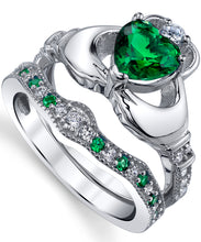 Sterling Silver 925 Heart Shape Claddagh Engagement Ring Wedding Bridal Sets with Green Simulated Emerald Cubic Zirconia