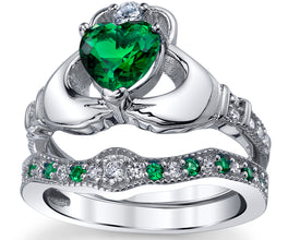 Sterling Silver 925 Heart Shape Claddagh Engagement Ring Wedding Bridal Sets with Green Simulated Emerald Cubic Zirconia