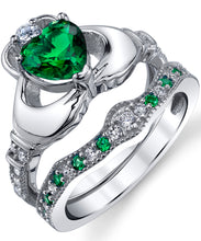Sterling Silver 925 Heart Shape Claddagh Engagement Ring Wedding Bridal Sets with Green Simulated Emerald Cubic Zirconia