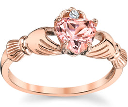 Rosetone Pink Plated Sterling Silver Irish Claddagh Ring .75 Carat Pink Simulated Morganite Heart Shape Cubic Zirconia C