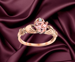 Rosetone Pink Plated Sterling Silver Irish Claddagh Ring .75 Carat Pink Simulated Morganite Heart Shape Cubic Zirconia C