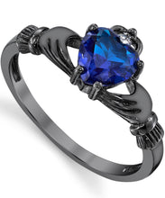 Women Sterling Silver Irish Claddagh Engagement Ring Black Rhodium Blue Sapphire
