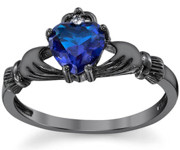 Women Sterling Silver Irish Claddagh Engagement Ring Black Rhodium Blue Sapphire