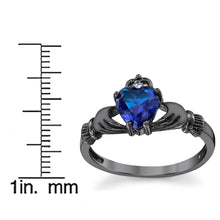 Women Sterling Silver Irish Claddagh Engagement Ring Black Rhodium Blue Sapphire